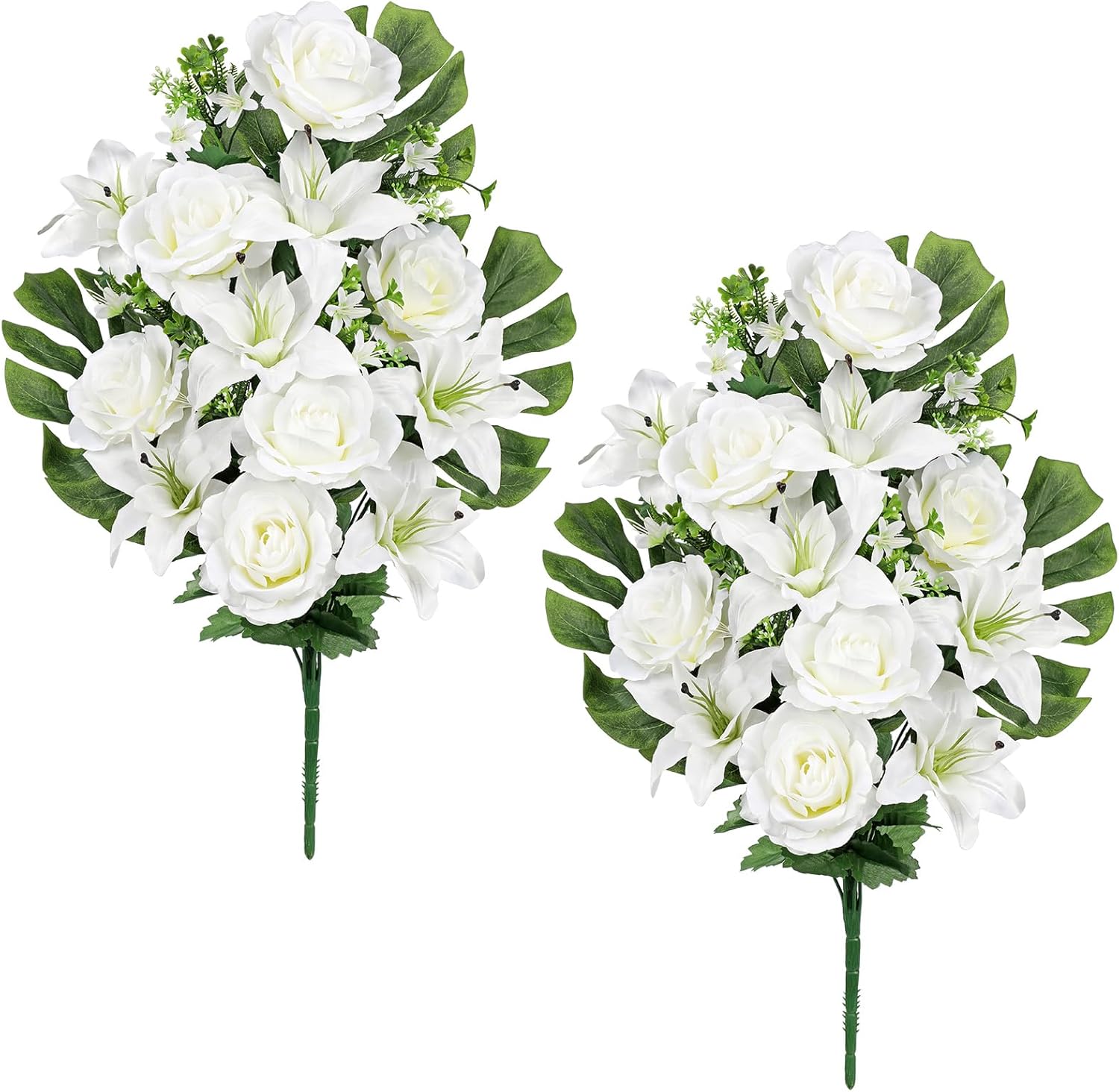 Briful 2 Set Artificial Cemetery Flowers for Grave, Silk Sympathy Grave Flowers Bouquet Fake Rose Peony Lily Floral Arrangement for Outdoor Vase Funeral Memorial Mother’s Day Decor