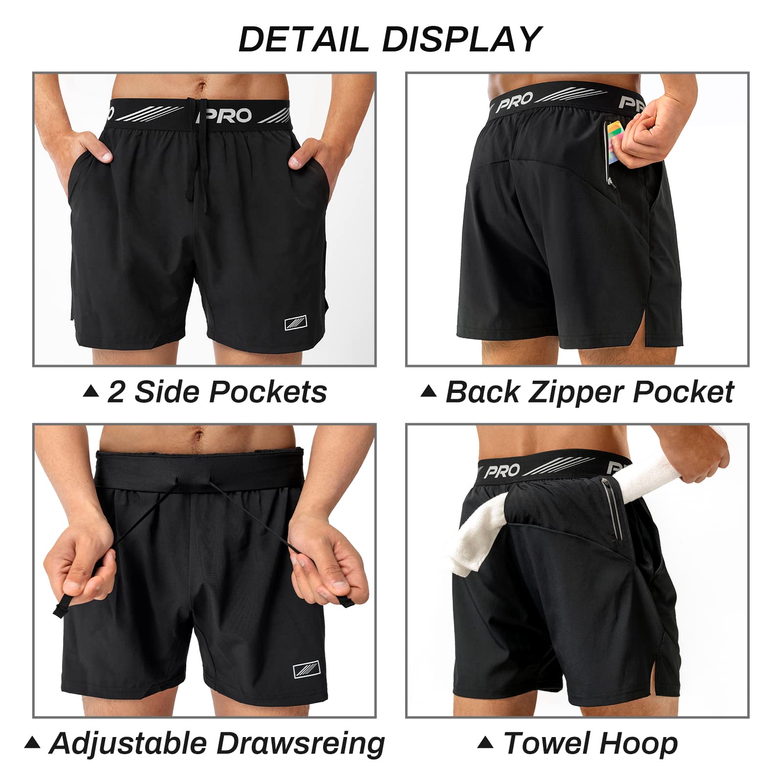aquota 2 Pezzi Pantaloncini da Running da Uomo, 2 in 1 Pantaloncini da Corsa Uomo 9" 5" Pantaloncini Palestra Neri Leggeri ad Asciugatura Rapida Basket Tuta con Tasche Zip Passanti per Asciugamano