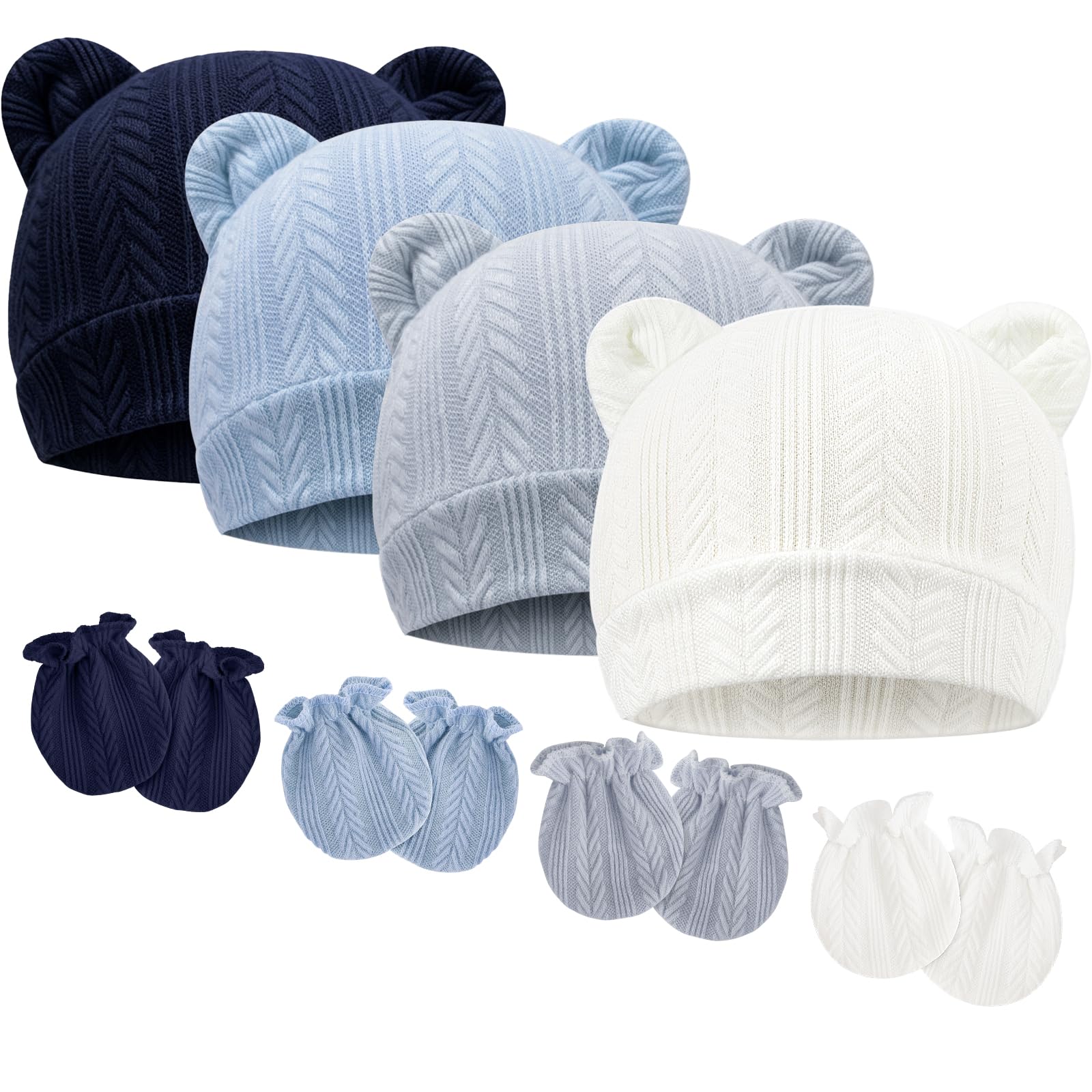 BQUBO Newborn Baby Hats Bear Ears and Mittens Sets Preemie Caps Baby Boy Girl Infant Hospital Beanie for 0-3 Months