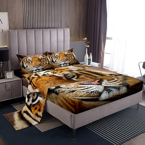Feelyou Juego de sábanas bajeras con patrón de animales de tigre, ropa de cama de safari y vida silvestre, tamaño King, incluye 1 sábana encimera, 1