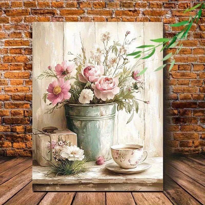 Tableau sur toile style rustique shabby chic, motif bouquet floral - Décoration murale vintage avec tasse et seau à thé, idéale pour la chambre, le salon ou la...