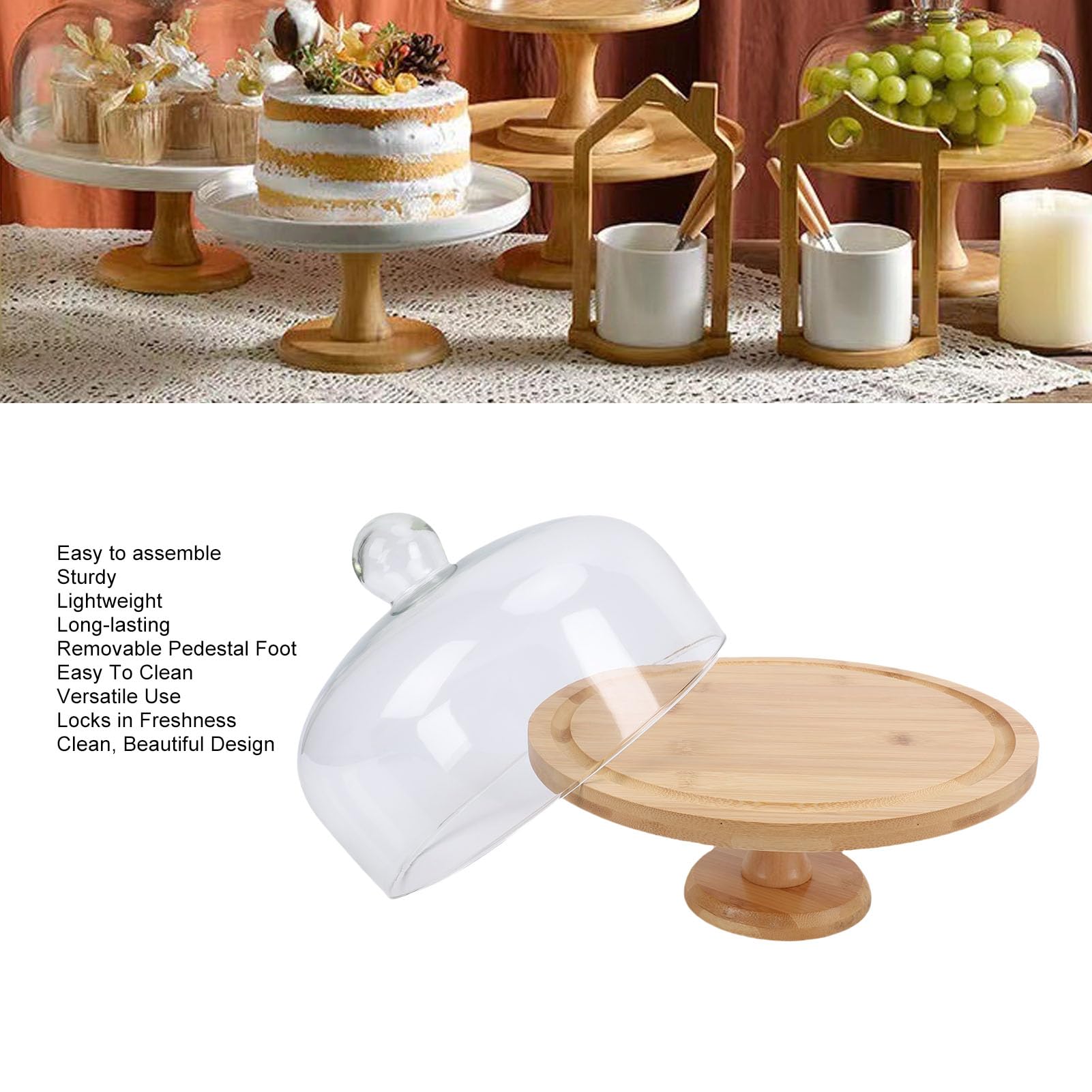 Haofy 12-calowy Drewniany Stojak na Ciasto ze szklaną pokrywką w Kształcie Kopuły Elegancki Talerz na Przyjęcie Weselne Wielopoziomowy Stojak na Desery na Urodziny Wędliny w Formie