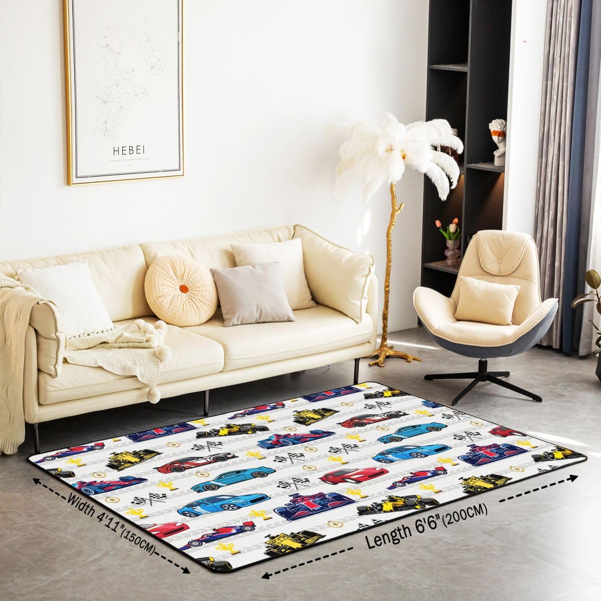 Tapis de salon, voiture de course, 150 x 200 cm, voiture de sport, chambre à coucher, pour garçons et filles, thème sports extrêmes, bleu, rouge, jaune, décoration d'intérieur