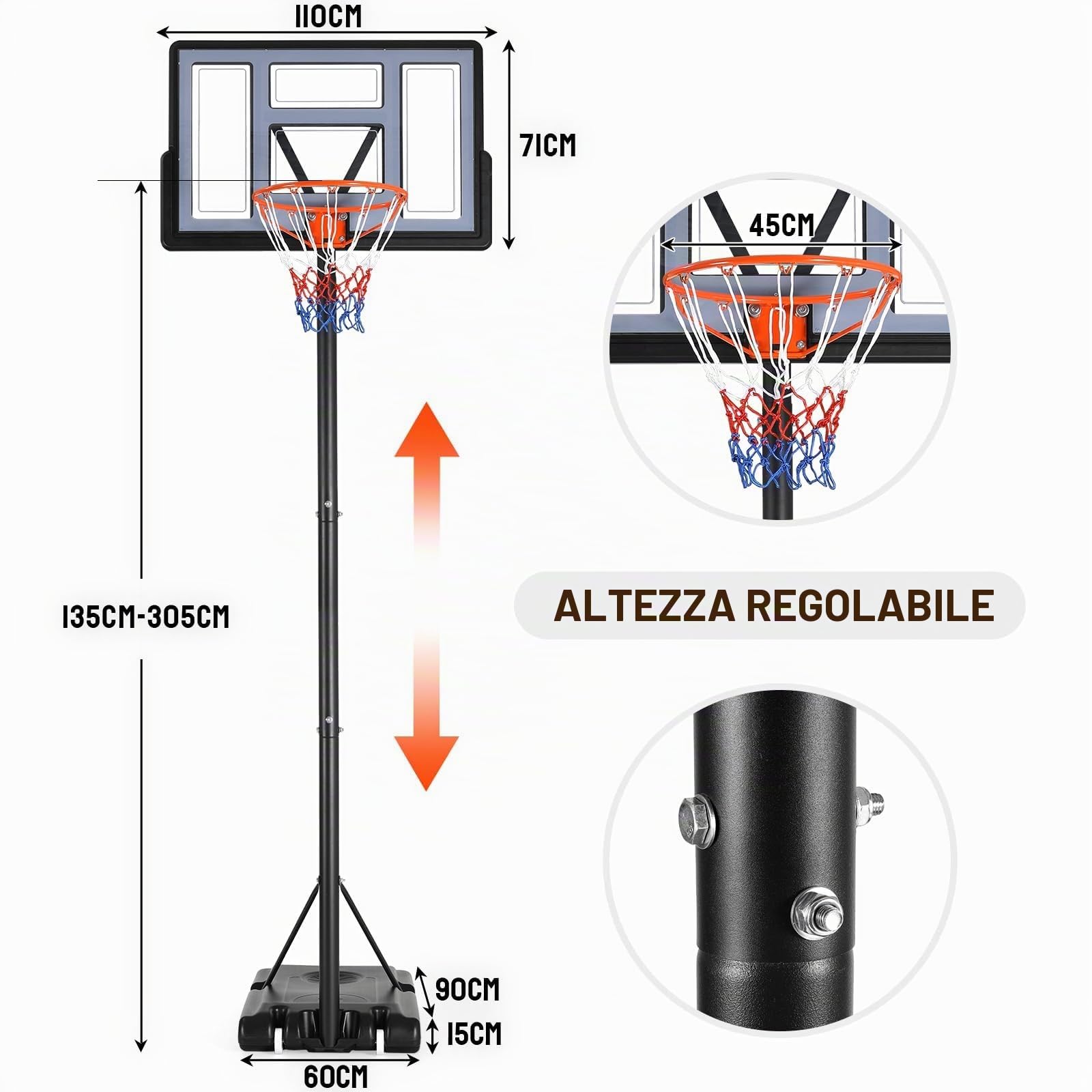 Canestro da Basket Esterno 135-305cm - Professionale Regolabile in Altezza per Esterno ed Interno Con Ruote e Supporto per Pallone - per Parco, Casa e Giardino