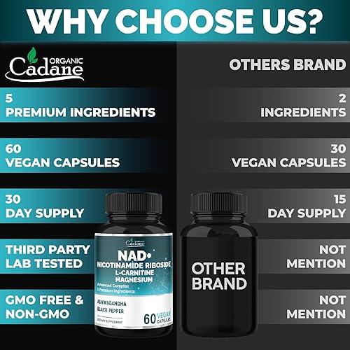 Miniatura 5 de Organic Cadane Suplemento de ribósido de nicotinamida con L-carnitina, glicinato de magnesio, Ashwagandha, pimienta negra  Apoyo para la salud y el