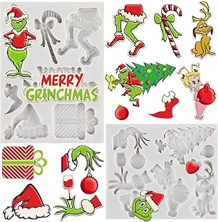 MYPRACS Merry Christmas Fondant Mould Set - Funny Cartoon Character Silicone Green Hand Resin Xmas Tree Decorating Moulds for Cupcake Topper, Candy, Polymer Clay, Gum Paste (Set of 2)