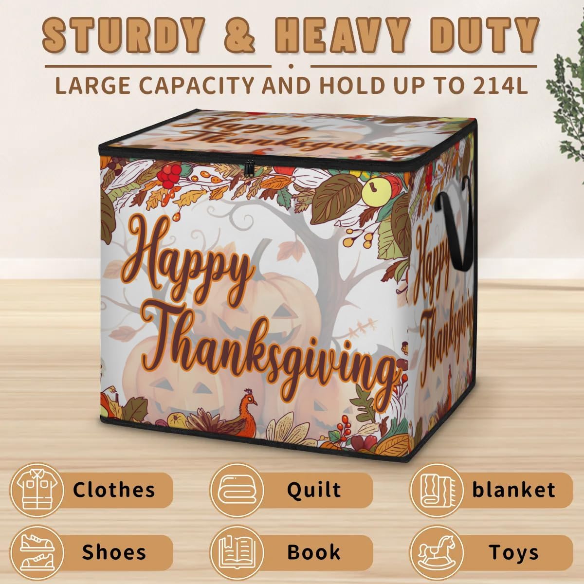 Honeybaby 214L Extra Large Comforter Storage Bag Happy Thanksgiving Pumpkins Storage Totes with Lids Waterproof Closet Organizer Folding Blanket Storage Bags for Clothes Bedding Pillows