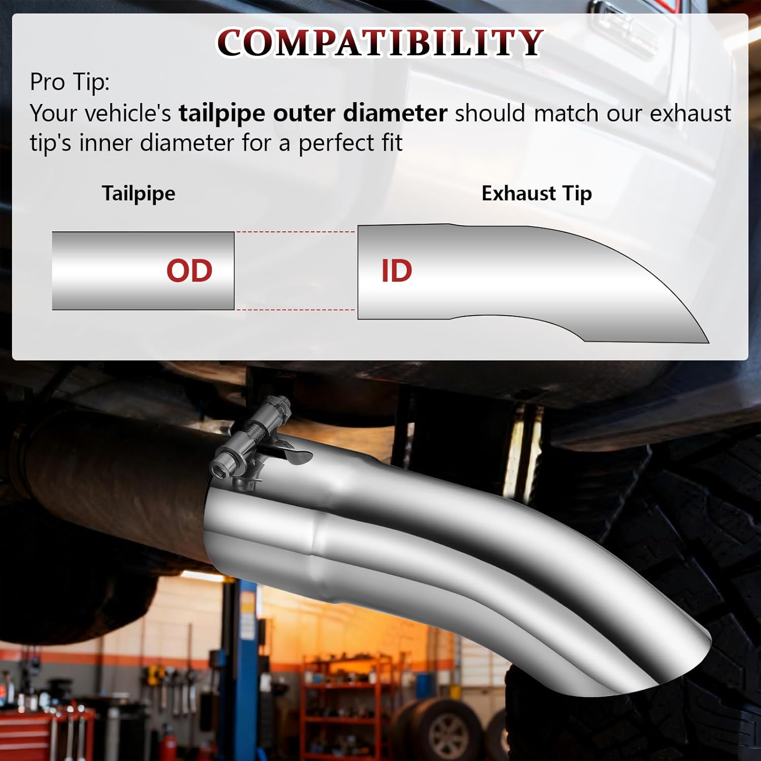 Turn Down Exhaust Tip 2.5" Inlet 2.5" Outlet 9" Long, High Performance Stainless Steel, Rustproof Polished Finish, Sleek Angle Cut, Bolt-On Diesel Tailpipe, Universal for Car Truck