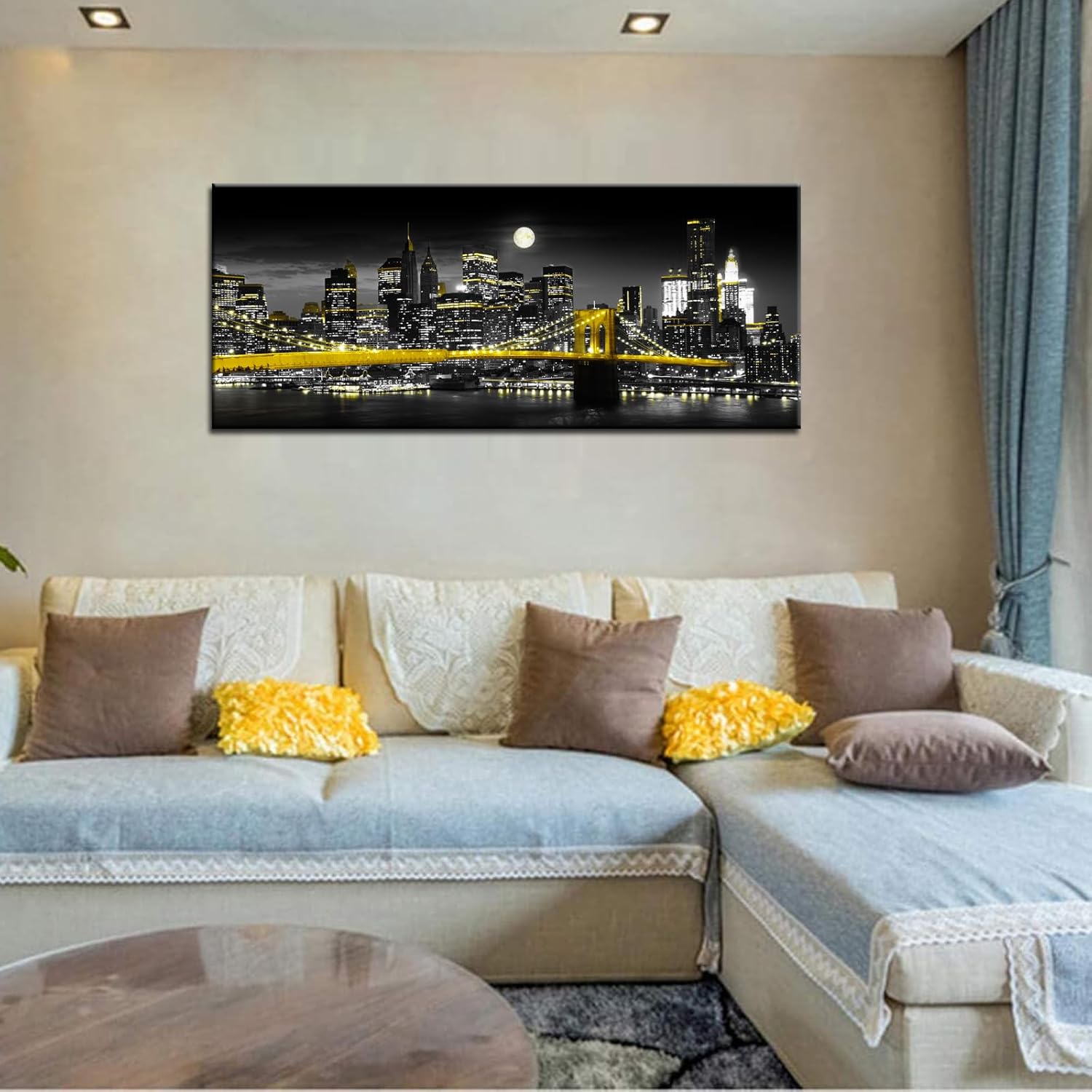 Biuteawal Black and White Yellow Canvas Print New York City Brooklyn Bridge at Moon Night Picture Photo Painting Cool Manhattan Skyline Artwork Modern Home Office Wall Decoration Ready to Hang