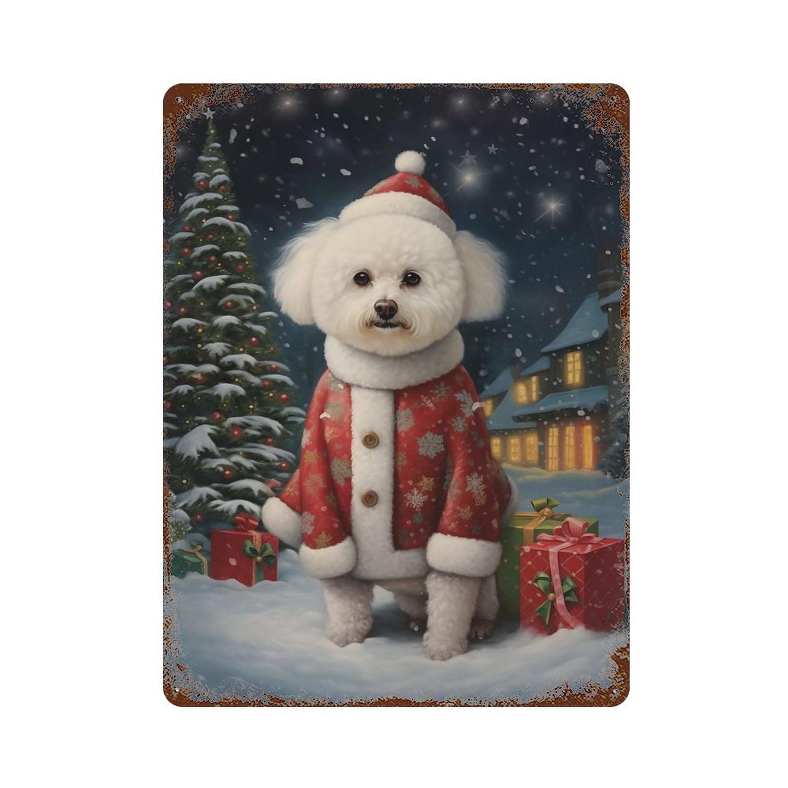 Rust Effect Bichon Frise Christmas Dog Vintage Rust Metal Sign 15.7"x11.8", Classic Wall Plaque for Shed, Workshop And Garage Wall Decor