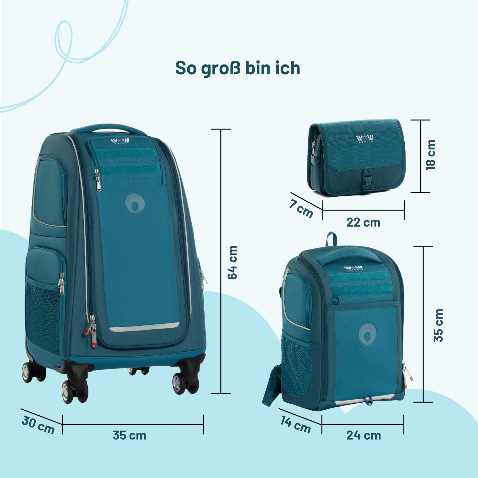Kinder Schranktrolley Set – 3-in-1 Trolley, Rucksack und Kulturtasche – mit Rollen, höhenverstellbarem Griff, geräumig & modular – Praktischer Kindertrolley für Reisen & unterwegs (Petrol)