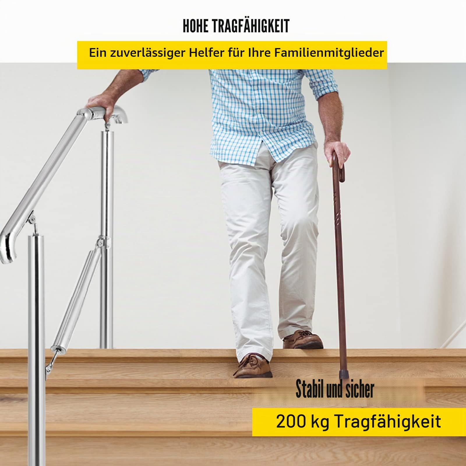 Happybuy Treppengeländer 5 Stufen, Handlauf Edelstahl mit Pfosten, Verstellbare Eingangsgeländer Silber 1,6 m