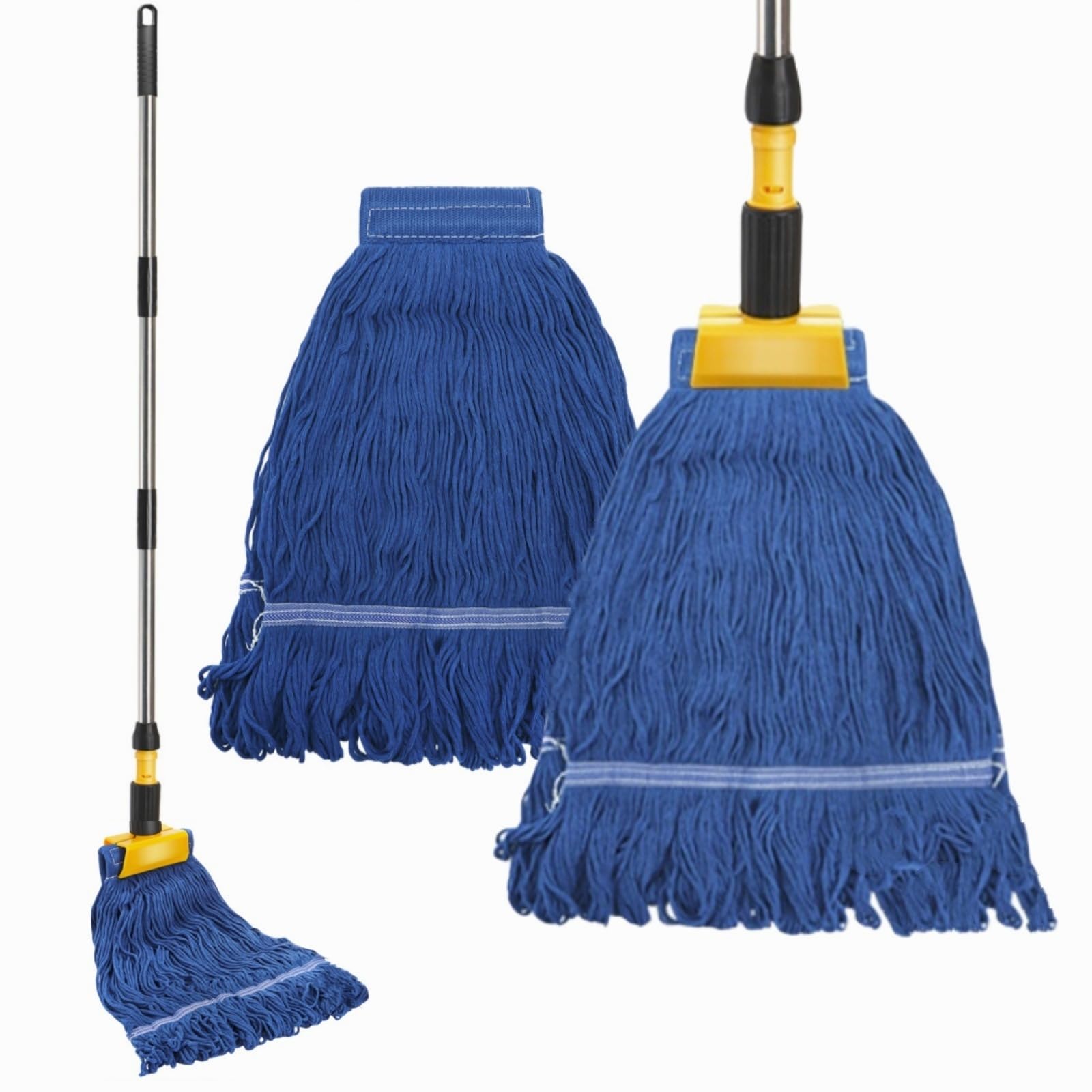 Commercial Mop, Heavy Duty Looped End String Wet Mop with 64'' Long Handle, Industrial Cotton Dust Mop with Extra Replacement Heads for Home, Office, Garage, Warehouse Floor Cleaning-image-41