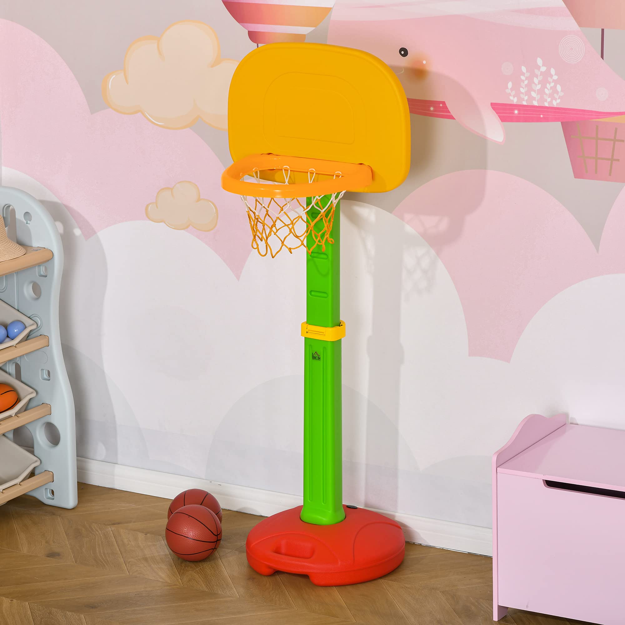 HOMCOM Canasta de Baloncesto Infantil con Altura Ajustable 2 Pelotas y Bomba de Aire para Niños +3 Años Juguetes Deportivos en Interiores y Exteriores 52,5x44x120-160 cm Multicolor