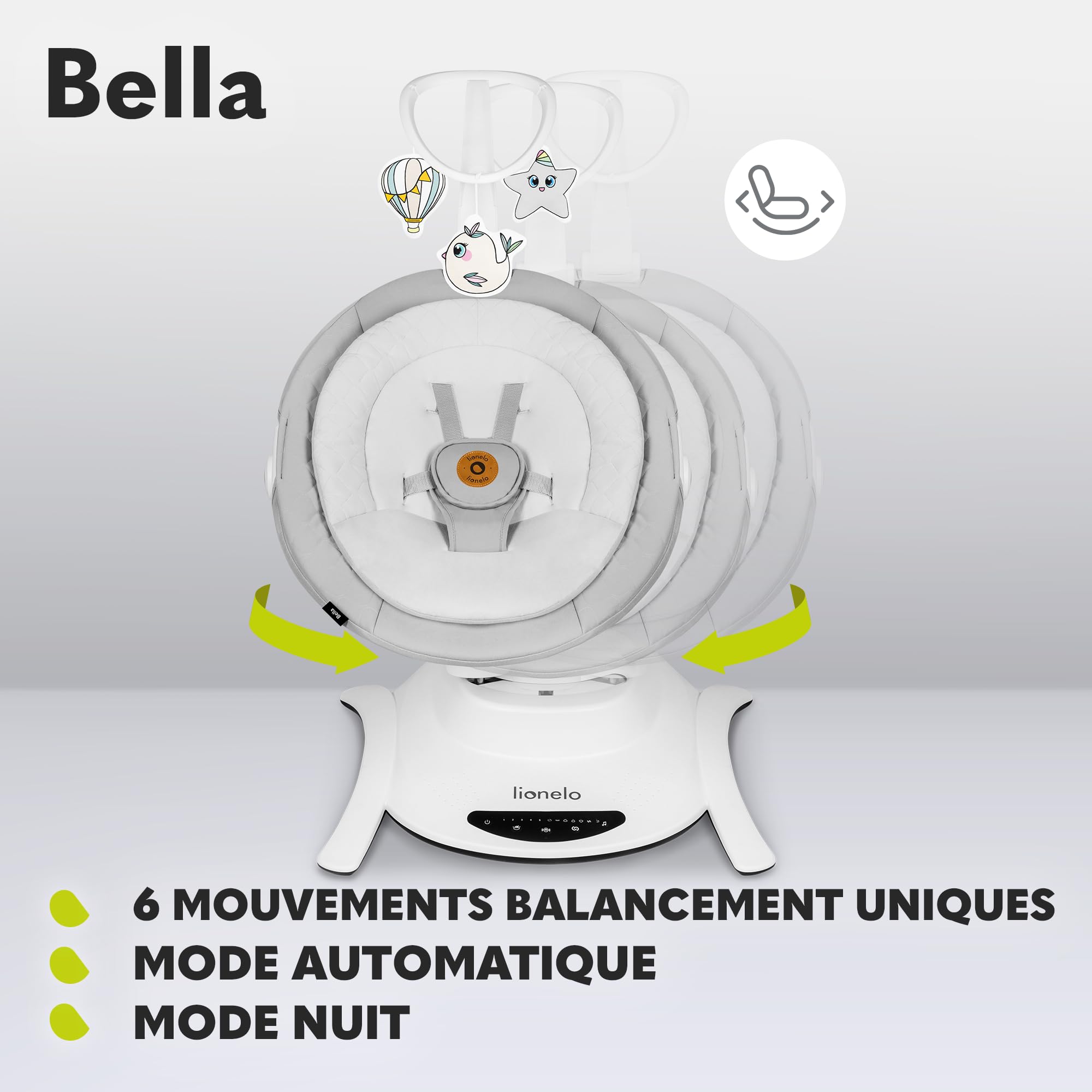 LIONELO Bella Balancelle Bebe Electrique Pivotante à 360° pour les Bébés jusqu'à 9 kg, Dossier Réglable, 5 Vitesses de Balancement, Ceintures de Sécurité, Détection de Mouvement, Antidérapante