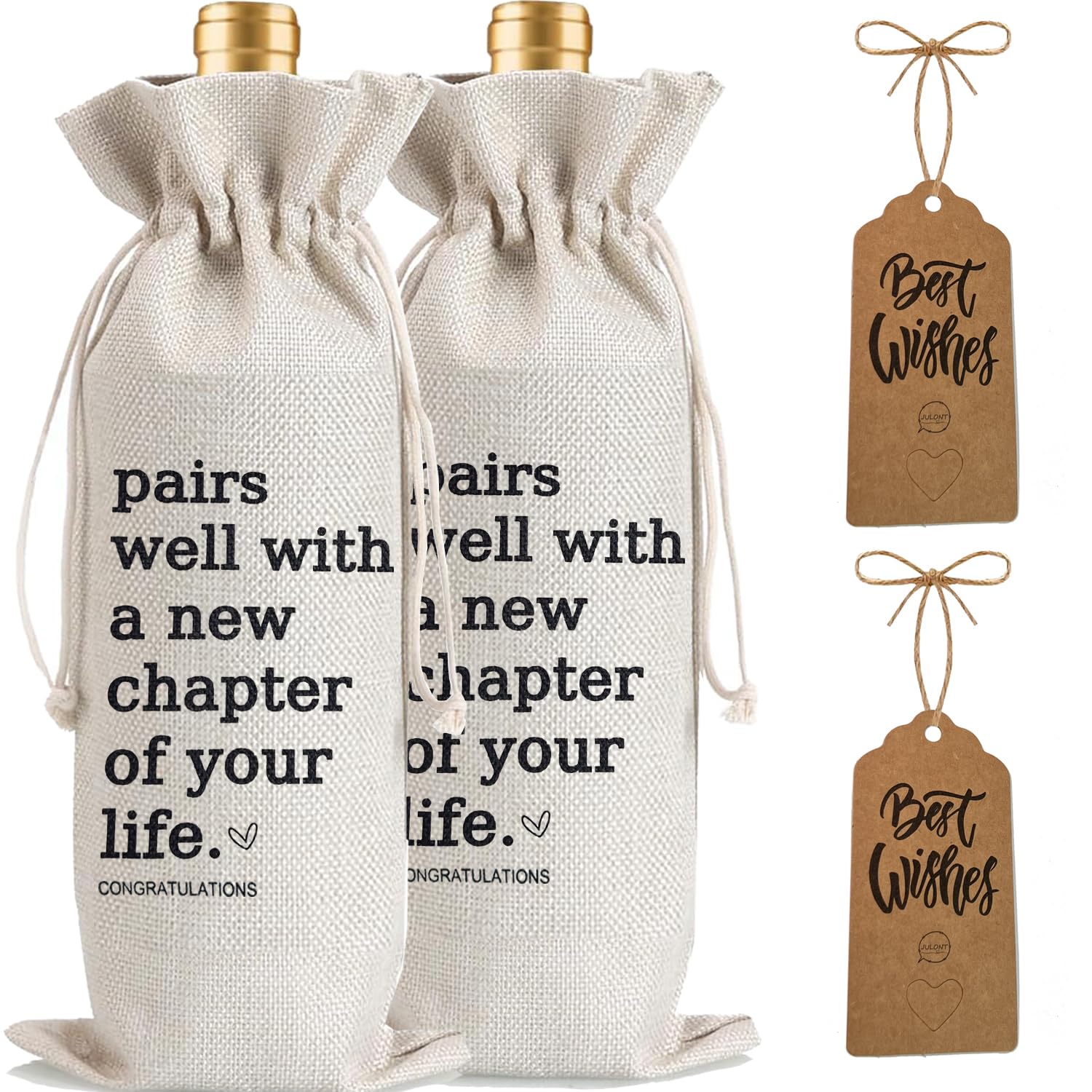 2Pcs New Chapter Wine Gifts Bag Next Chapter Wine Bag, Pairs Well With a New Chapter of Your Life with 2Pcs Kraft Blessing Cards and natural jute rope 2 pieces