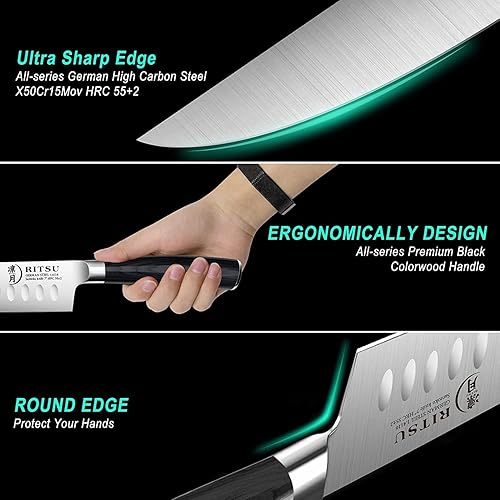 Miniatura 6 de RITSU Juego de cuchillos de cocina de 17 piezas con bloque, juego de cuchillos de acero alemán con afilador, juego de cuchillos de chef profesional
