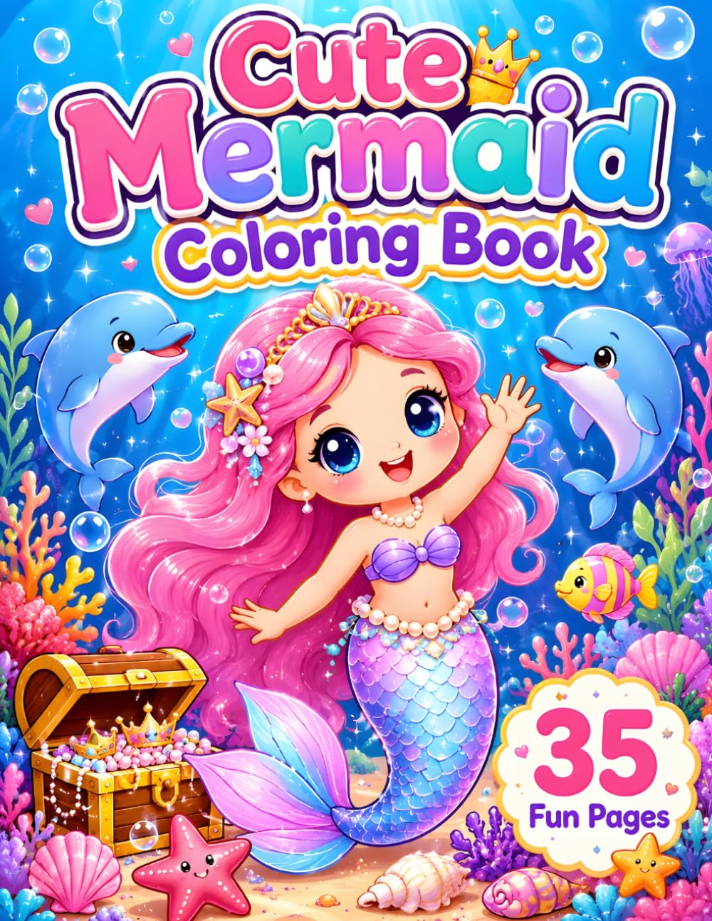 Cute Mermaid Coloring Book For Kids Ages 3-8: 35 Fun and Easy Ocean Coloring Pages for Girls, Toddlers and Preschool Kids