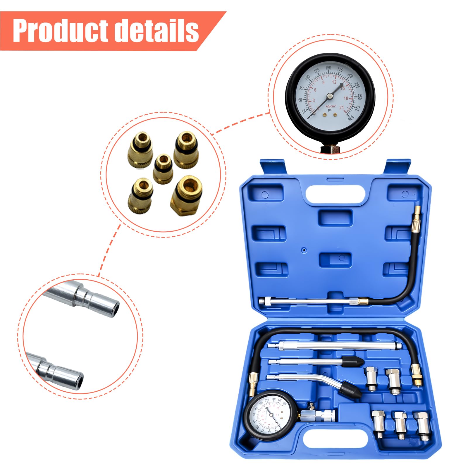 Kit de prueba de compresión de 11 piezas: probador de compresión para motores de gasolina (0-300 PSI/0-20 bar), manómetro de compresión, compresiómetro de presión de cilindro