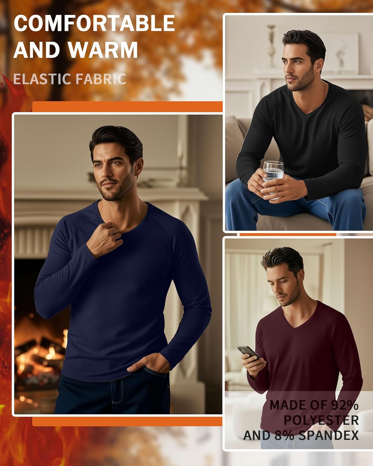 3 Pack Men's Thermal Shirts Big and Tall Fleece Lined Long Sleeve V Neck Base Layer Raglan Curved Hem Warm Tops - Image 3