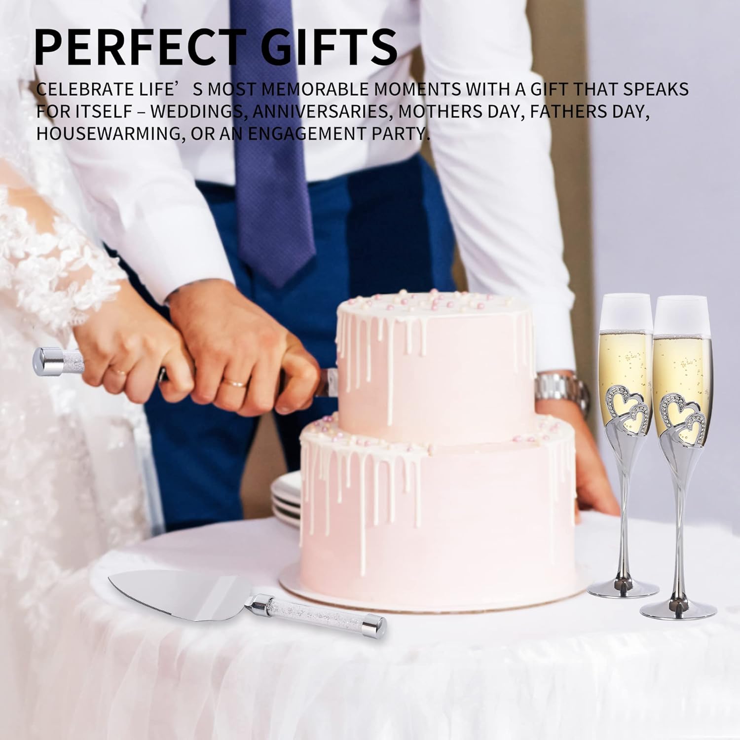 4 Piece Champagne Flutes and Cake Knife Server Set, Bride and Groom Toasting Flutes with Cake Cutting Set, Diamond Champagne Glasses Set for Wedding Reception Anniversary Party House Warming, Silver