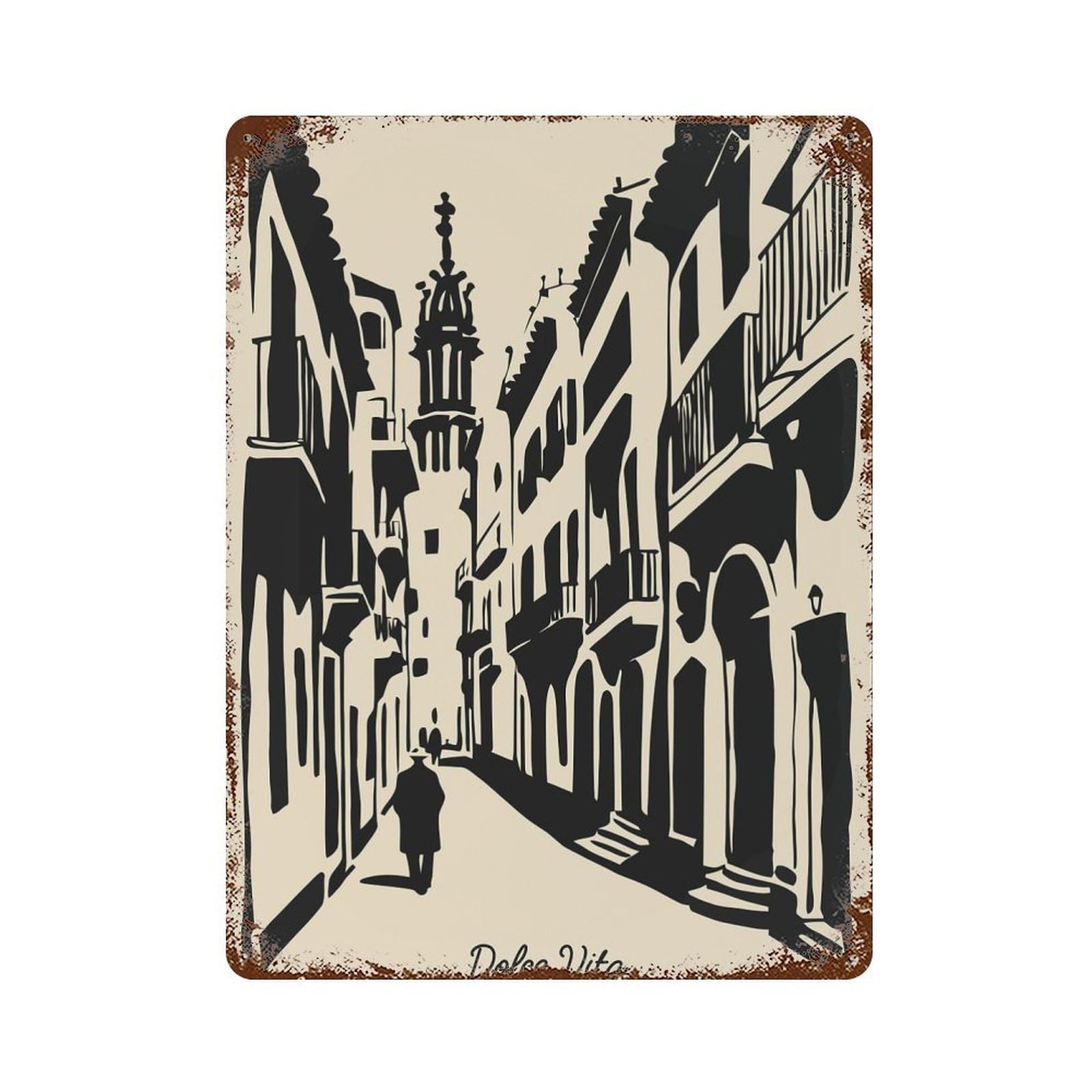 Dolce Vita Street Scene Illustration 15.7"x11.8" Weathered Tin Sign, Rustic Home Decor for Living Room, Hallway And Home Decor