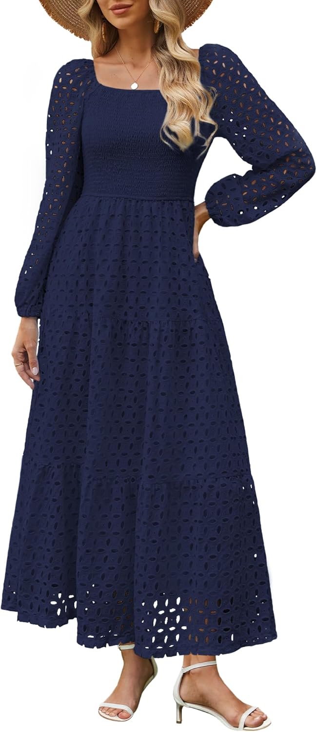 Women's Fall Long Puff Sleeve Maxi Dress Smocked Square Neck Lace Hollow Out Eyelet A Line Boho Flowy Wedding Guest Dresses
