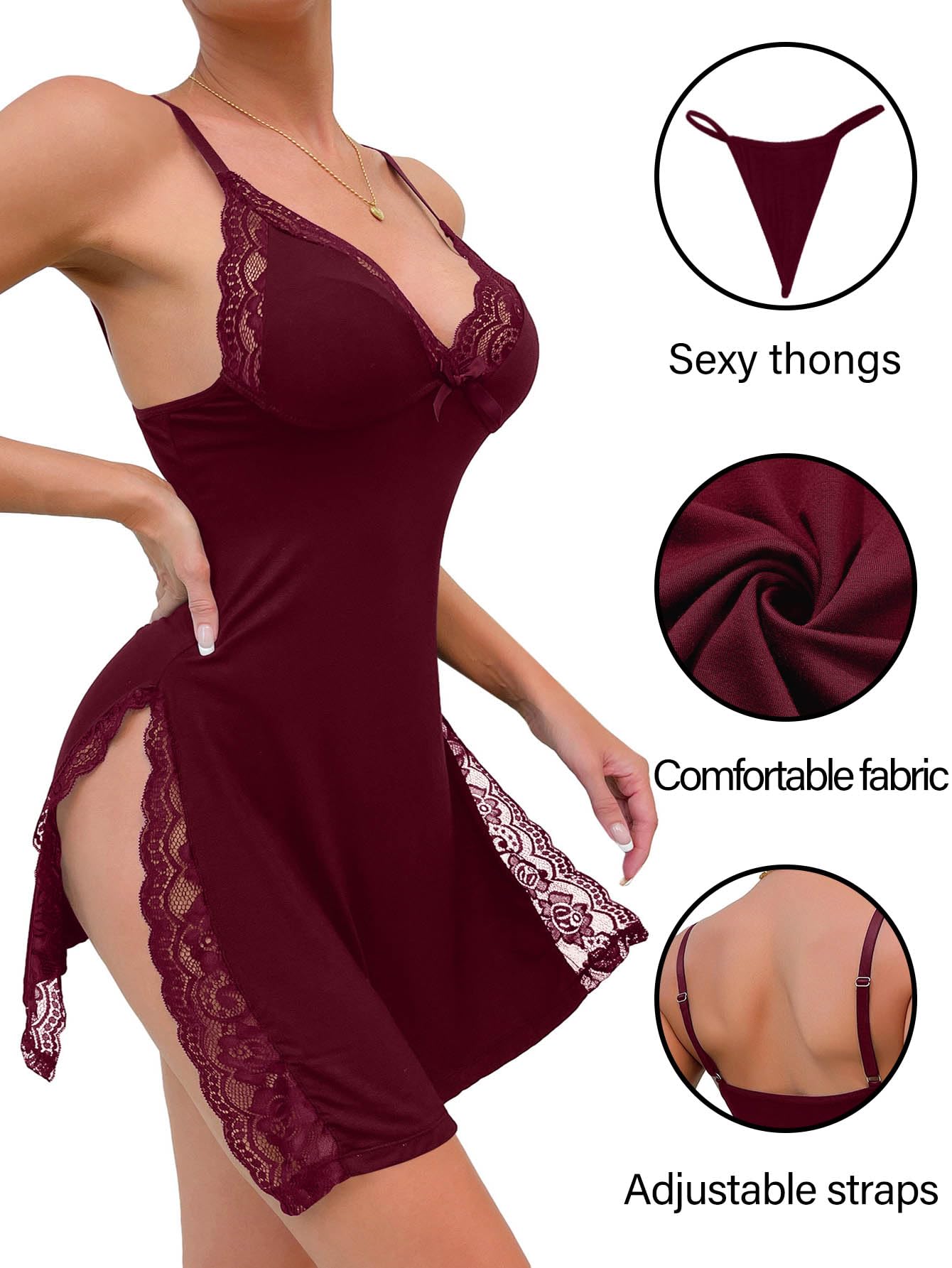 Foxiny Sexy Split Side Floral Lace Trim Full Slip Night Gown Babydoll Lingerie Dress with Thong 2 piece: Medium Wine Red