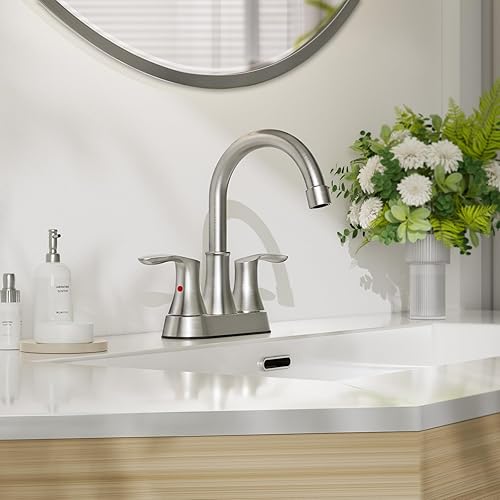 Miniatura 2 de Phiestina TY36-BN TY36-BN - Grifo de lavabo de baño de níquel cepillado de 4 pulgadas, 2 o 3 agujeros, giratorio de 2 manijas, con línea de