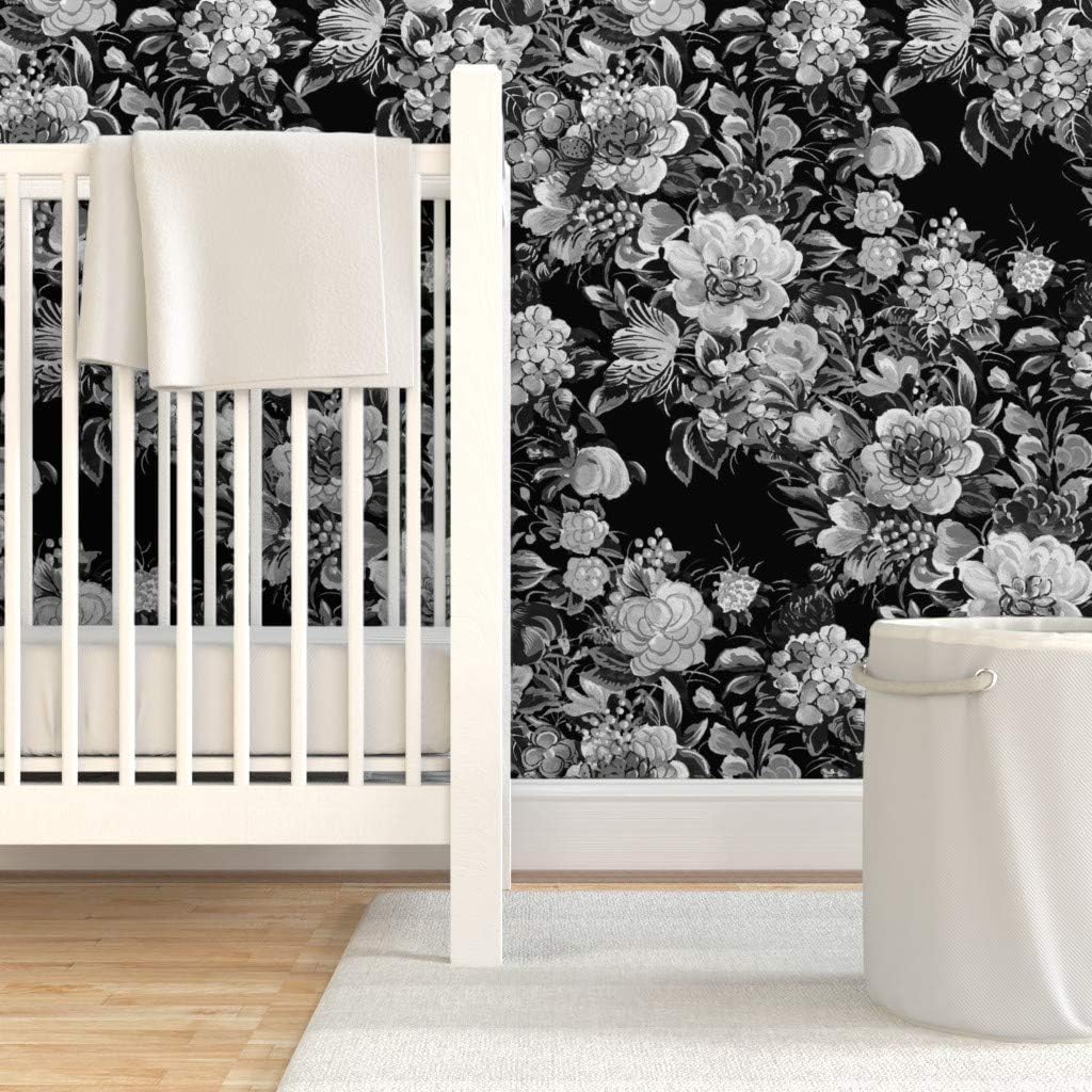 Peel & Stick Wallpaper 3ft x 2ft - Mid Century Modern Flowers Cocktail Midnight 1950S Floral Black Custom Removable Wallpaper by Spoonflower