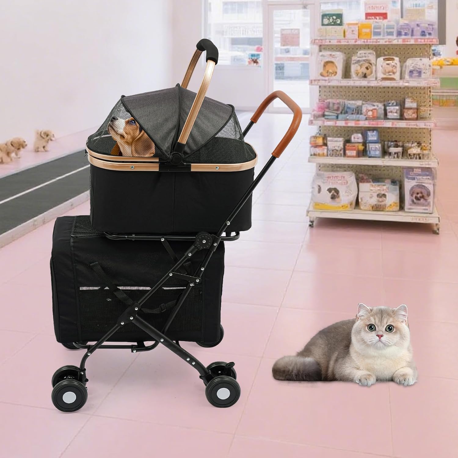 Two-Tier Dog & Cat Stroller 77lbs Capacity, Foldable Pet Stroller with 2 Detachable Carriers, Dual Pet Travel System for Small Medium Dogs Cats for Outdoor Walking Shopping Travel（Black）