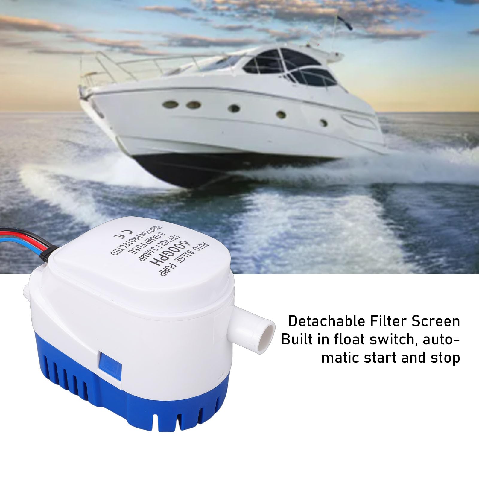 Pompa di Sentina Automatica 12V 600GPH con Interruttore a Galleggiante, Pompa 'acqua Sommergibile per Barche con Uscita da 3/4 Pollici, Filtro Rimovibile e Controllo Elettronico, Robusta