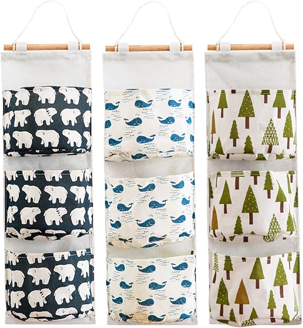 MERYSAN 3Pcs Wall Closet Hanging Storage Bag, Waterproof over the Door Linen Fabric Organizer, Stylish Hanging Storage Pouches with 3 Pockets for Bedroom Bathroom (Blue/White/Green)