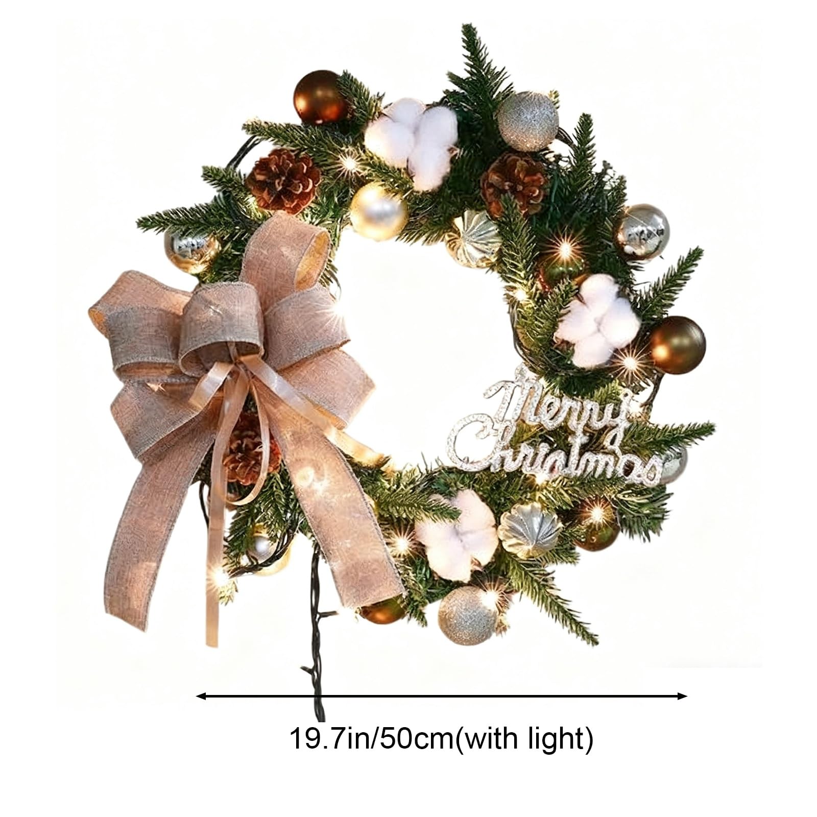 Corona Navideña Grande para Puerta de Entrada, Coronas de Navidad con Luces, Decoración Navideña para Puerta, Pared y Ventana, Adornos Verdes para Puerta(Medium)