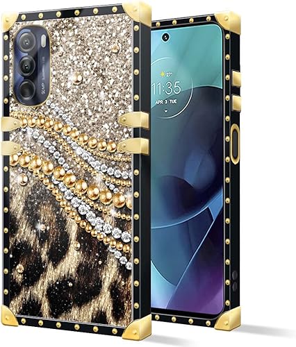 DAIZAG Funda compatible con Motorola Moto G Stylus (5G & 4G) 2022, carcasa cuadrada de diamantes de cadena de leopardo B, lujosa, elegante