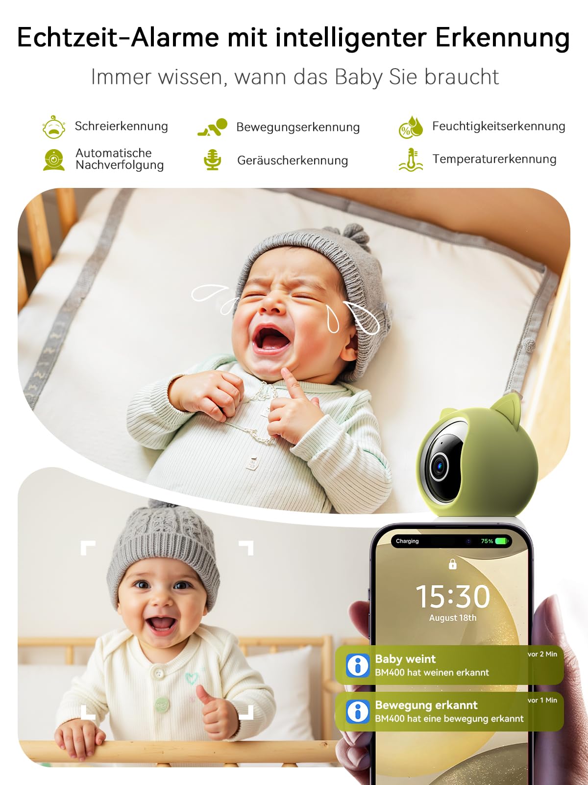 Outinput 2K/4MP WLAN Babyphone mit Kamera App, 360° Baby Monitor with Camera, Fütterungserinnerung, Schlaflieder, Farb-Nachtsicht,2-Wege-Audio, Nachtsicht, Bewegungs/Weinen/Temp/Feuchtigkeitserkennung