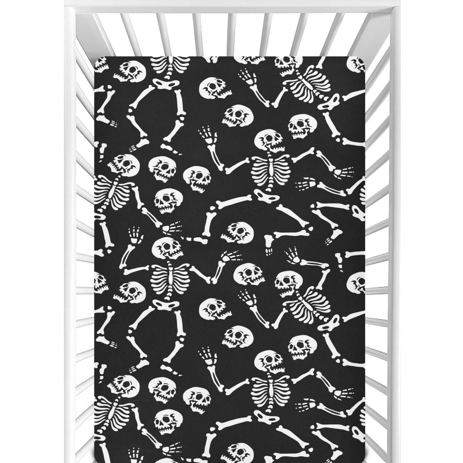 CaTaKu Halloween Skull Black Crib Sheets for Girls Boys,Baby Crib Fitted Sheets for Mini Crib and Toddler Mattress, Soft Baby Nursery Bed Sheets Neutral 28"x 52"