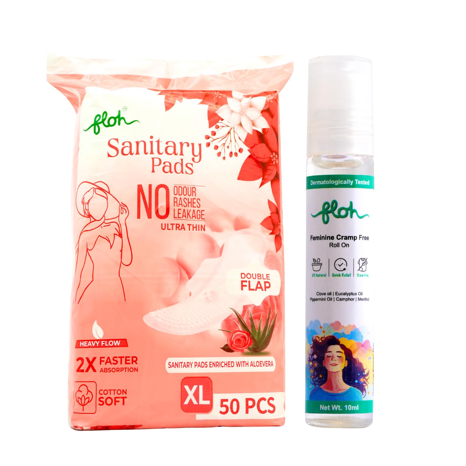 Floh Sanitary Pads XL (50 Pads) + Feminine Cramp Roll-On 10ml | Aloe Vera Enriched, Ultra Thin with Double Flap | Period Pain Relief Combo | 100% Natural, Quick Relief Roll-On