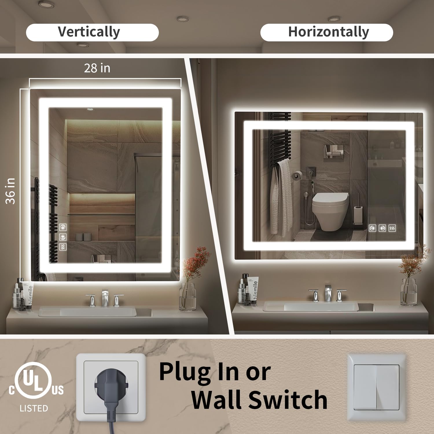 Espejo LED para baño, retroiluminado de 28 x 36 pulgadas + espejo de cambiador de baño con luces para pared, doble tira de luz, 3 colori, a prueba de roturas, antivaho y memoria de brillo