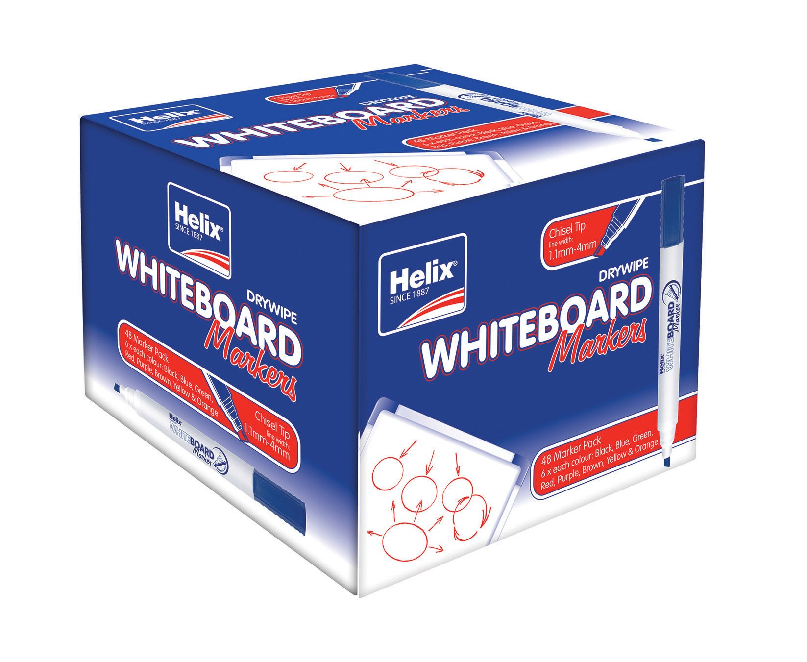 Helix Whiteboard Chisel Marker Pens - Assorted Colours (One Box of 48 pens) MP8015