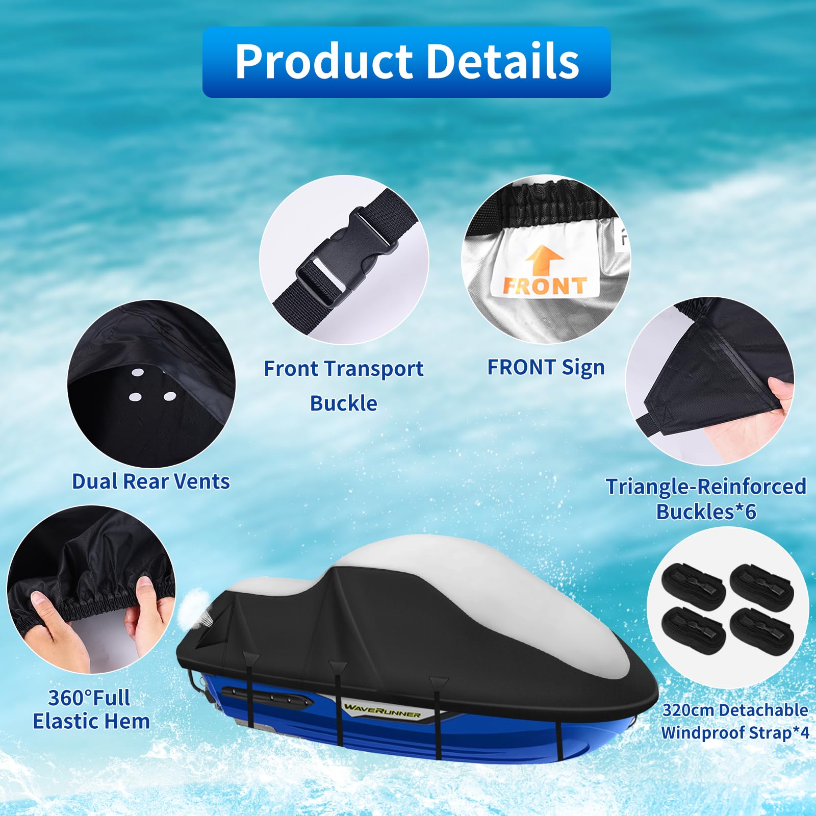 Couverture pour Jet Ski, Housse de protection Jetski 900D haute résistance, 2 ouvertures de ventilation, boucles de protection contre le vent améliorées avec renfort en tissu triangulaire, pour Yamaha