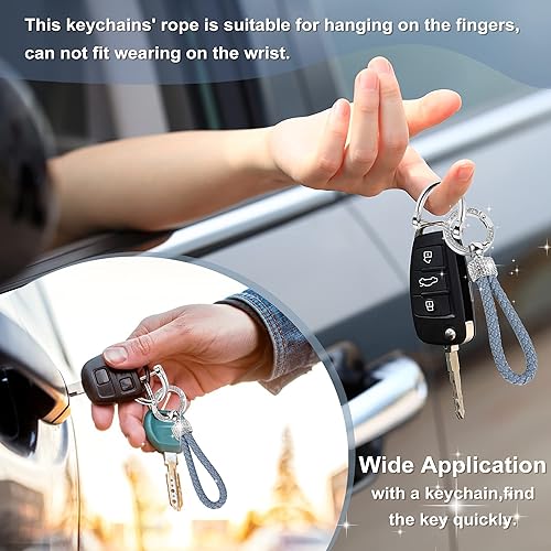 Miniatura 3 de Llaveros de cuero con tachuelas de diamantes plateados, llaveros de metal de cuerda trenzada para hombres y mujeres, con 3 llaveros, anillo en D