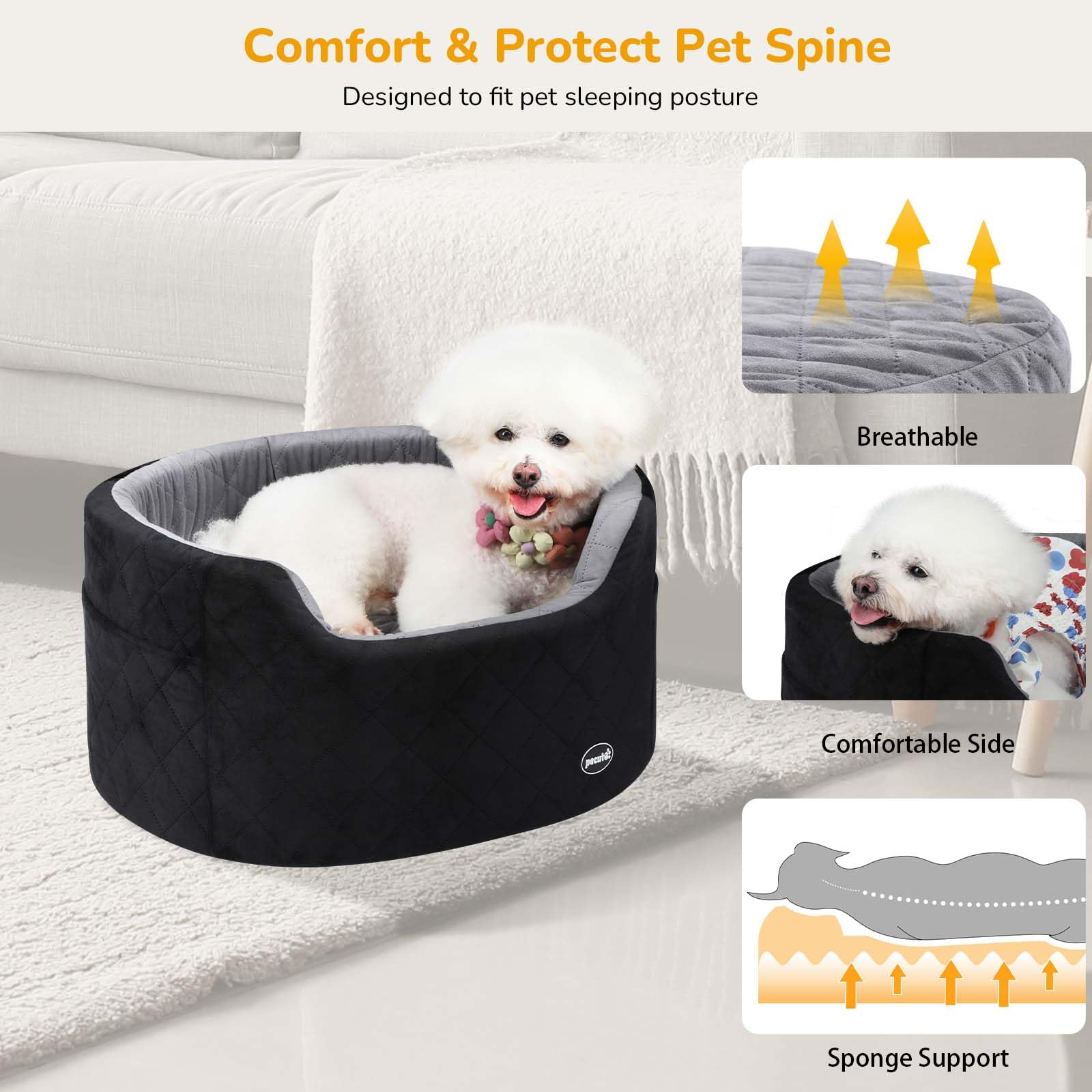 Pecute Seggiolino Auto per Cani di Taglia Medio/Piccola con Cintura di Sicurezza, Seggiolino Auto per Cuccioli Rialzato con Morbido Cuscino da 15cm, Staccabile e Lavabile con Tasche, Fino a 13.6kg