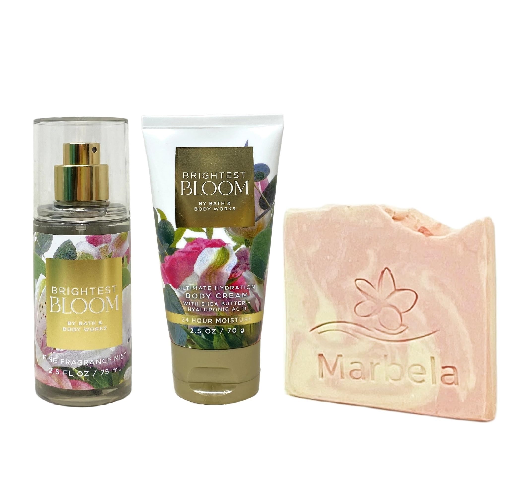 Bath & Body Works Brightest Bloom Fine Fragrance Mist and Body Cream Bundle with a Himalayan Salts Springs Sample Soap - Travel Size