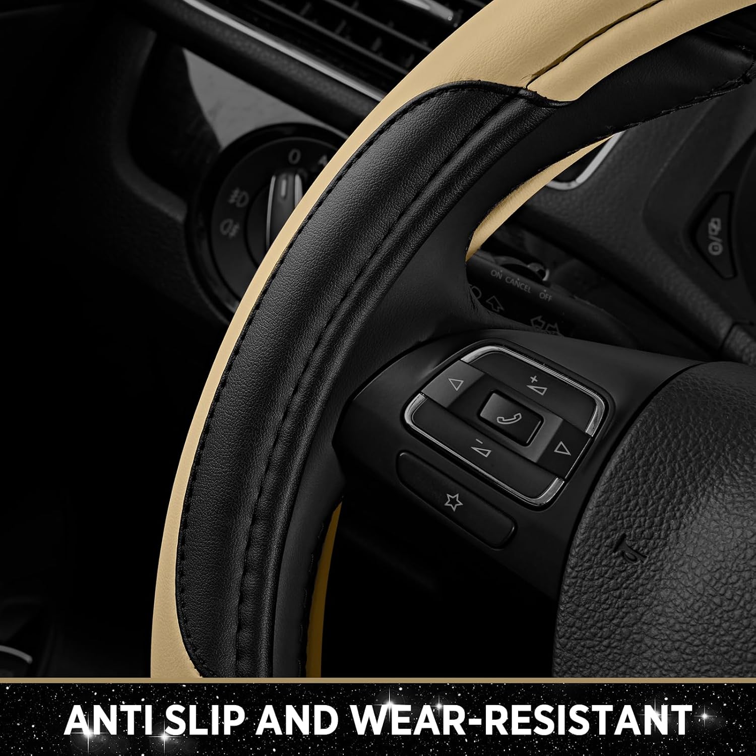 Road Comforts Leather Steering Wheel Cover - Made with PVC Leather - Anti-Slip, Universal Fit 14 1/2 inches to 15 inches - Beige - Image 6