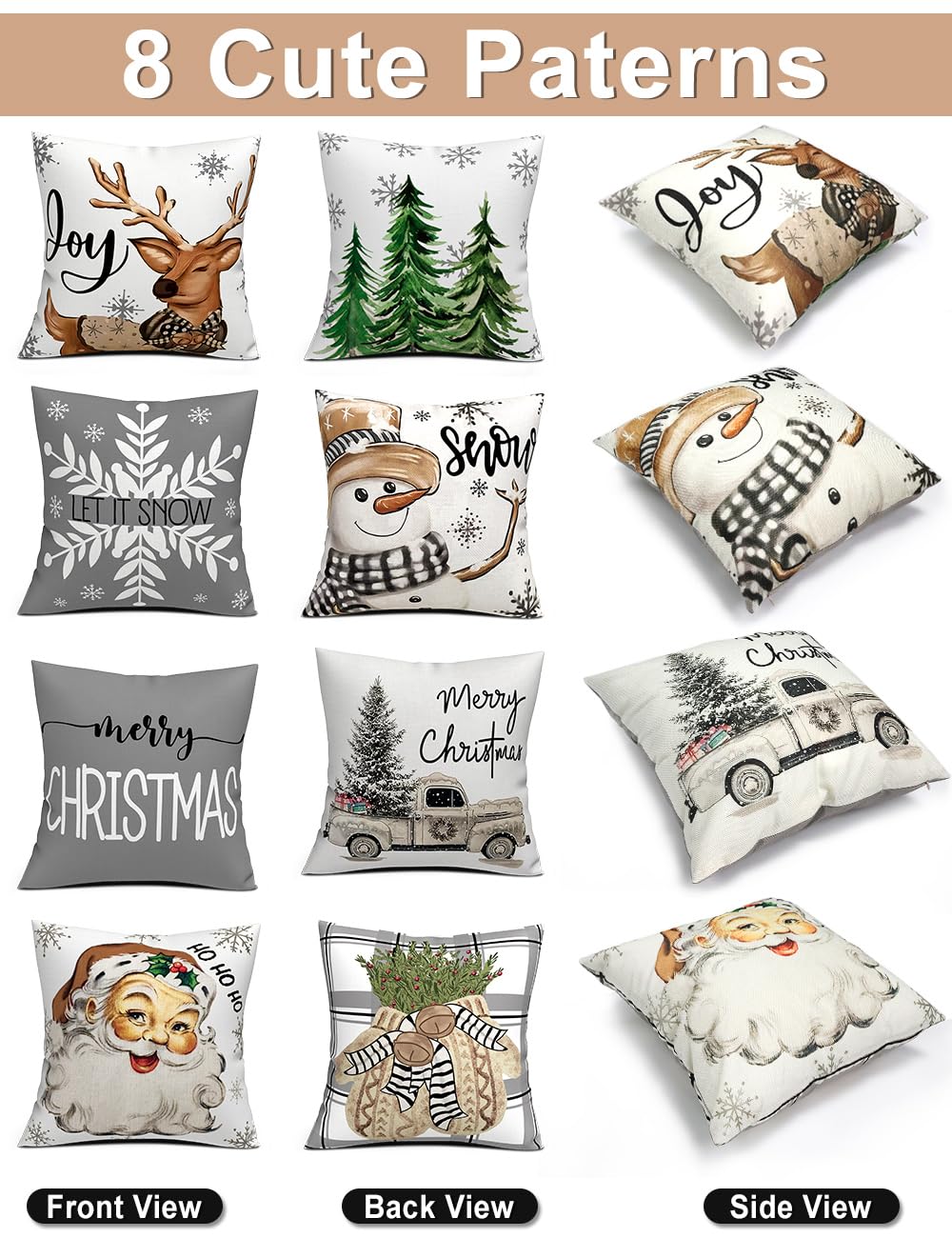 multiwins Juego de 4 fundas de almohada navideñas con estampado de doble cara de 16 x 16 pulgadas, con 8 bonitos patrones de decoración navideña, fundas de almohada perfectas para Navidad y decoración