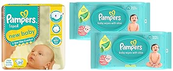 Pampers Baby Gentle Wet Wipes with Aloe Vera, 144 Wipes and Pampers Active Baby Diapers, New Born, Extra Small, (NB, XS) size, 24 Count, Taped style diaper