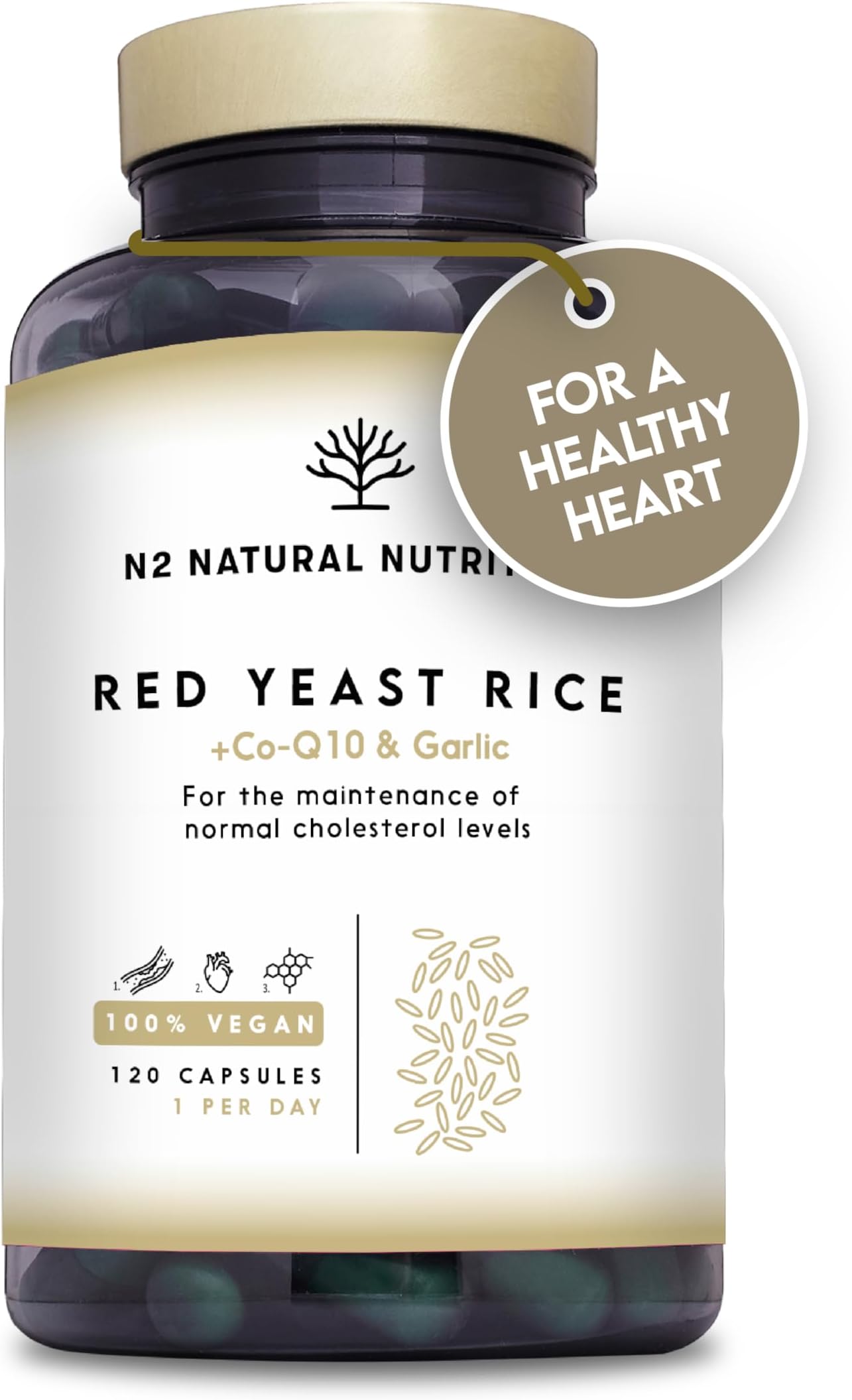 Red Yeast Rice with CoQ10 & Garlic. 120 Capsules. 4 Month's Supply. Highest Concentration of Monacolin K, 2,9mg. Nutritional Supplement for Heart Health. Vegan. Gluten Free. CE. N2 Natural Nutrition.