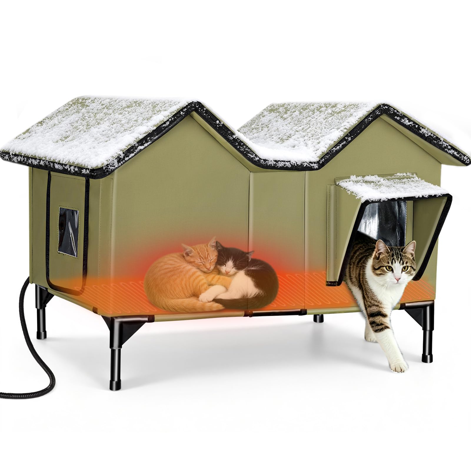 Casetta riscaldata per gatti per esterni, resistente all'inverno, extra grande, isolata, con cuscino riscaldante e porta di fuga, spaziosa cuccia per gatti e cani, rialzata e resistente alle