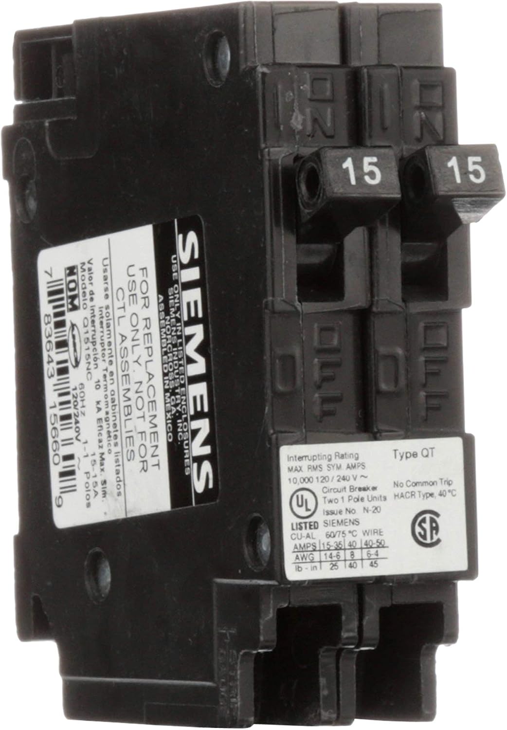 Siemens Q1515NC Two 15-Amp Single Pole 120-Volt Non-Current Limiting Circuit Breaker